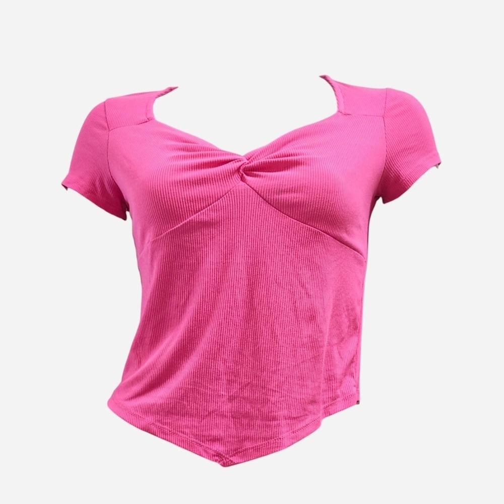 Just Polly Womens Ribbed Twist Front Crop Top Pink Size L Short Sleeve Polyester